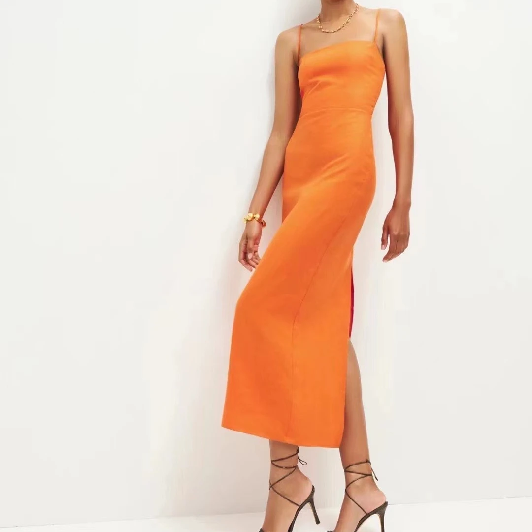 

Women Sexy Strapless Linen Dress High Split Sling Long Orange Dress