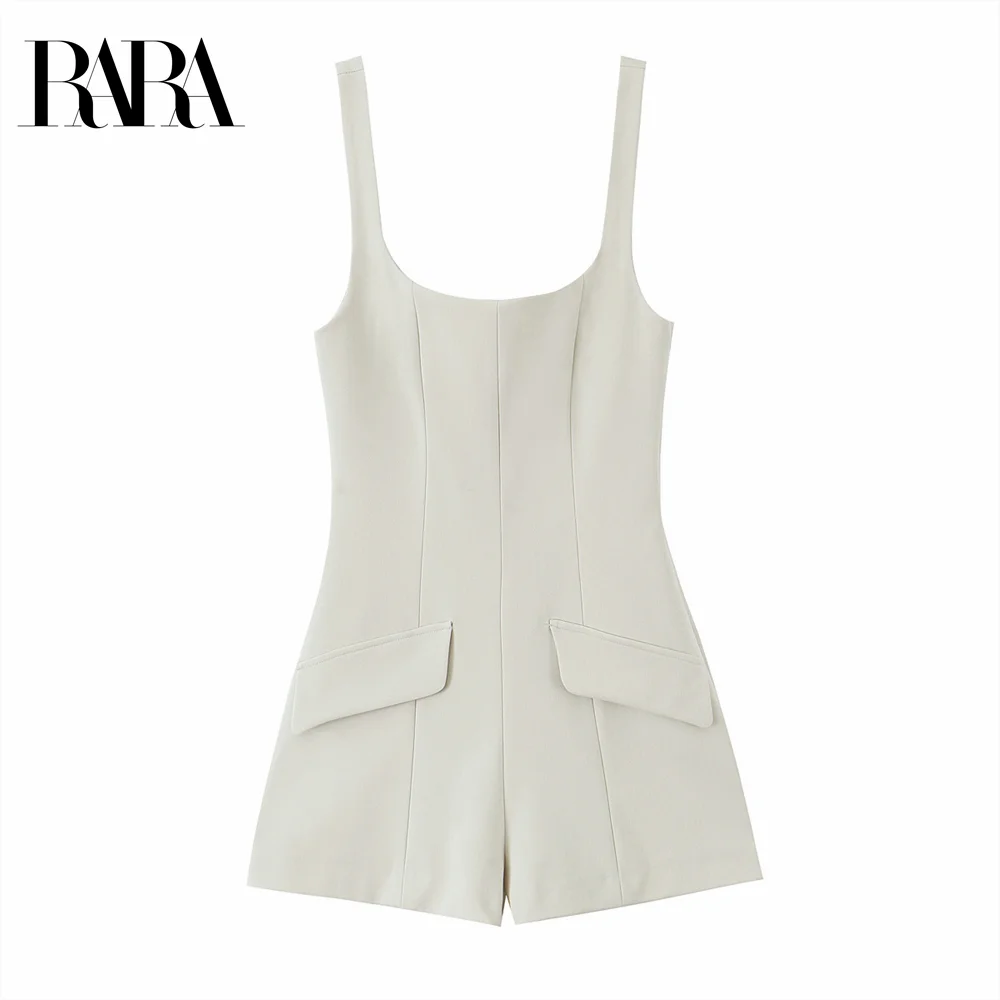 

2025 RARA Women's Spaghetti Strap Romper V - neck Design with Button - Front Details Flared Hem for a Stylish Look