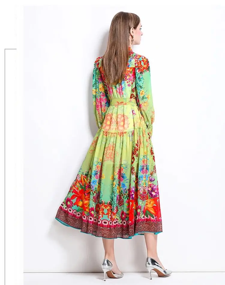 ZAROY Elegant Lantern Sleeve Single-breasted Dress Boho Slim Waist Belt Fashion Dress Women Vintage A-line Print Party Vestidos