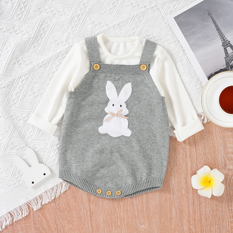 Baby Bodysuits Clothes Spring Autumn Rabbit Knitted Newborn Boys Girls Easter Onesie Clothes 0-18m Cotton Knitted Infant Outfits