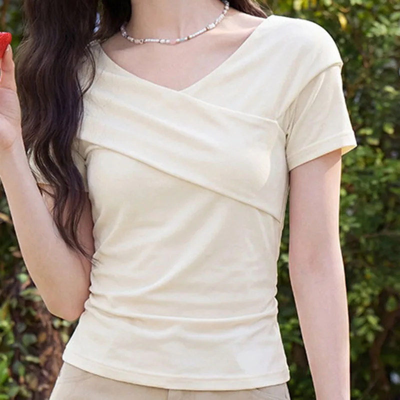 Women Short Sleeve T-shirt Irregular V-neck Design High Waist Pleated Elastic Slim Solid Color Simple Daily Casual Versatile Top