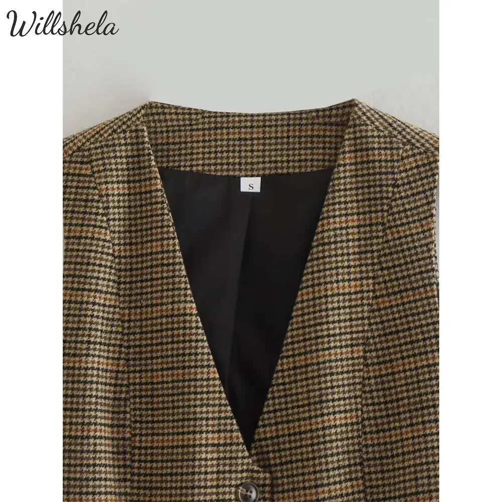 Willshela Women Houndstooth Vest V-Neck Sleeveless Single Breasted Female Chic Office Lady Vintage Korean Tops Waistcoat