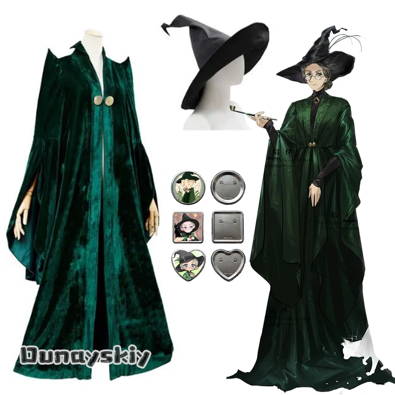 Costume de cosplay de la professeure Minerva McGonagall pour le carnaval d'Halloween, robe de sorcière, cape verte en velours, tenue de jeu de rôle