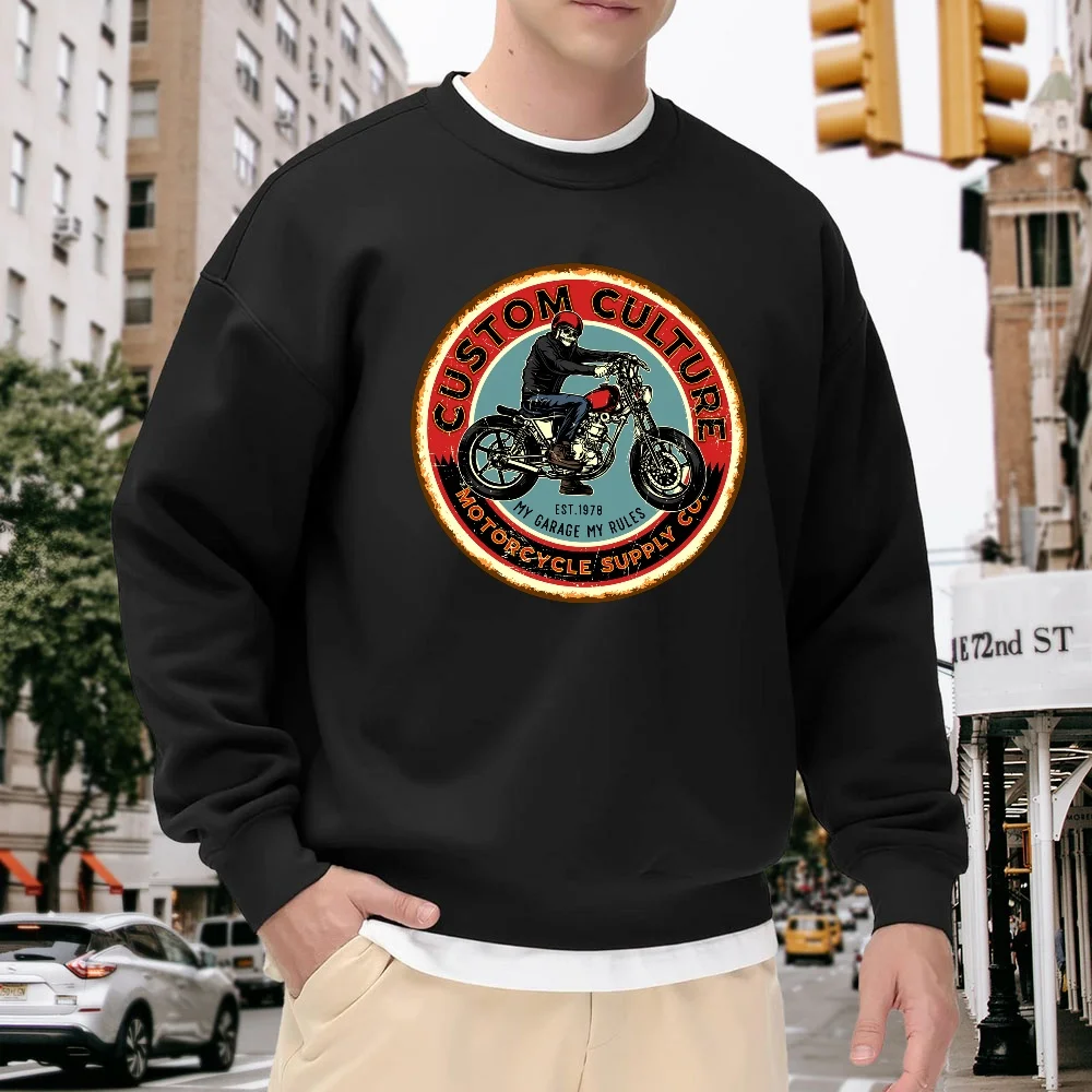 

Men's Black Crew Neck Pullover Sweatshirt, Vintage Motorcycle Print Loose Top, Street Fashion Casual Versatile, Comfortable and Breathable for Everyday Wear
