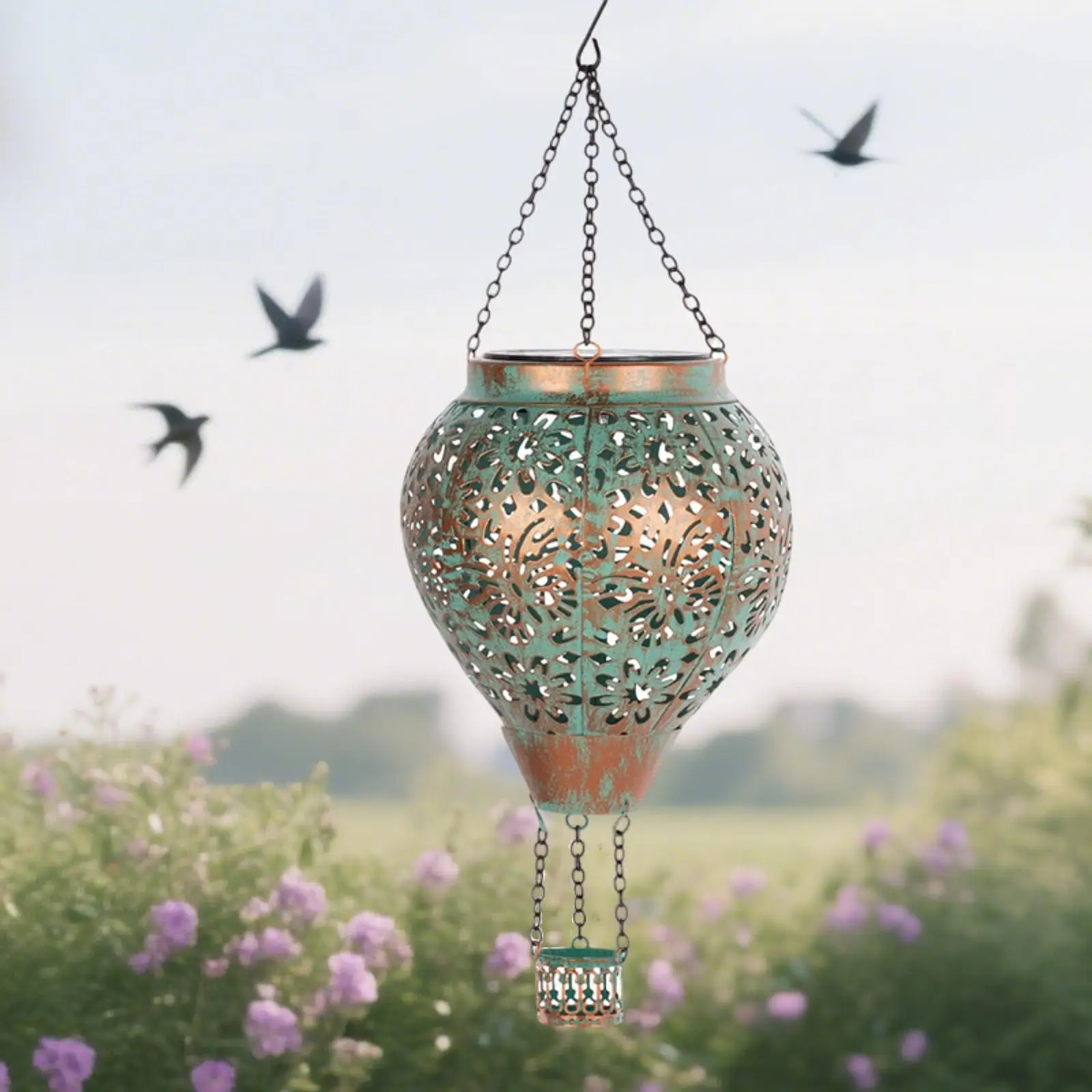 Outdoor Solar Hot Air Balloon Hanging Lantern Ornamental Pendant Light