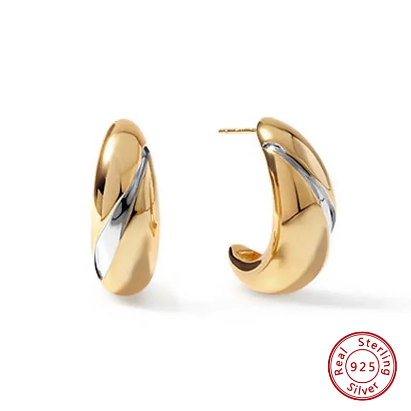 

925 Sterling Silver Earrings Original Certified C Shape Two Tone Stud Earrings For Women Fashion High End Luxury Free Shipping