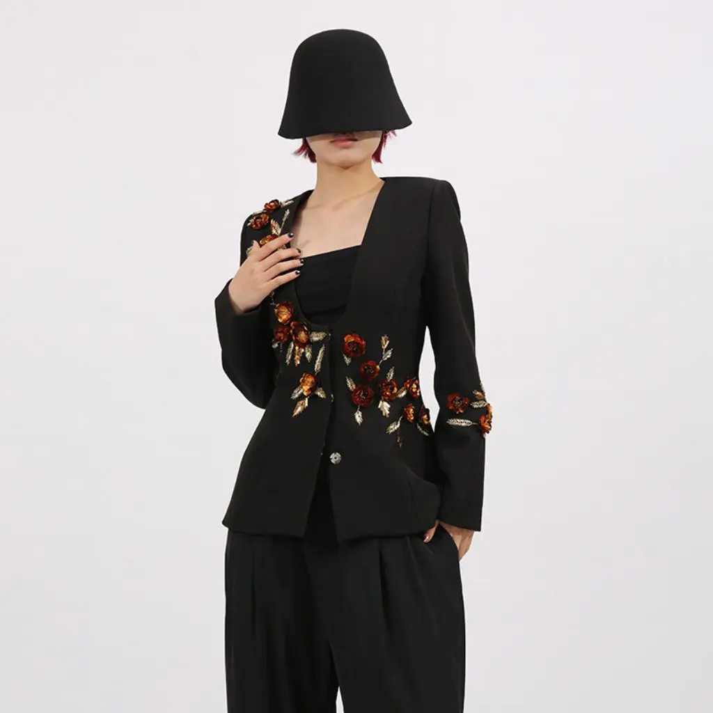 

Elegant French Style Embroidered Flower Waist Suit Jacket Autumn New Design Literary Style Women's Fashion Top