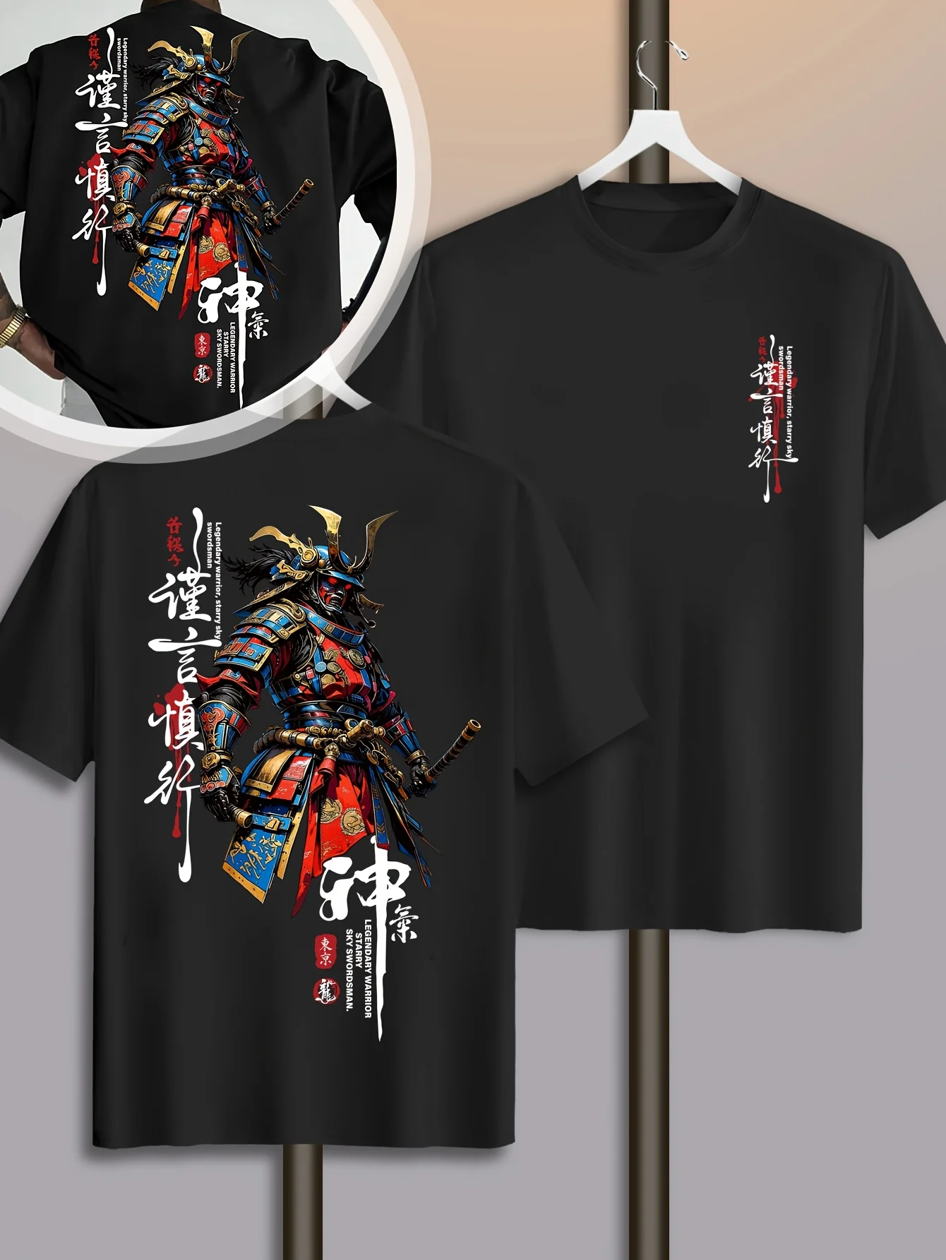 100% Pure Cotton Summer Men's Casual Fashion Japanese Style Samurai Legend Print Loose Round Neck Short Sleeved T-Shirt