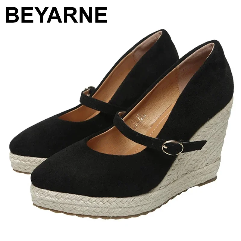 

BEYARNE Wedge Espadrilles Heel Shoes Women Spring New Style Shallow Mouth Fashion Pointed Thick Heel -soled Straw Heel Shoe