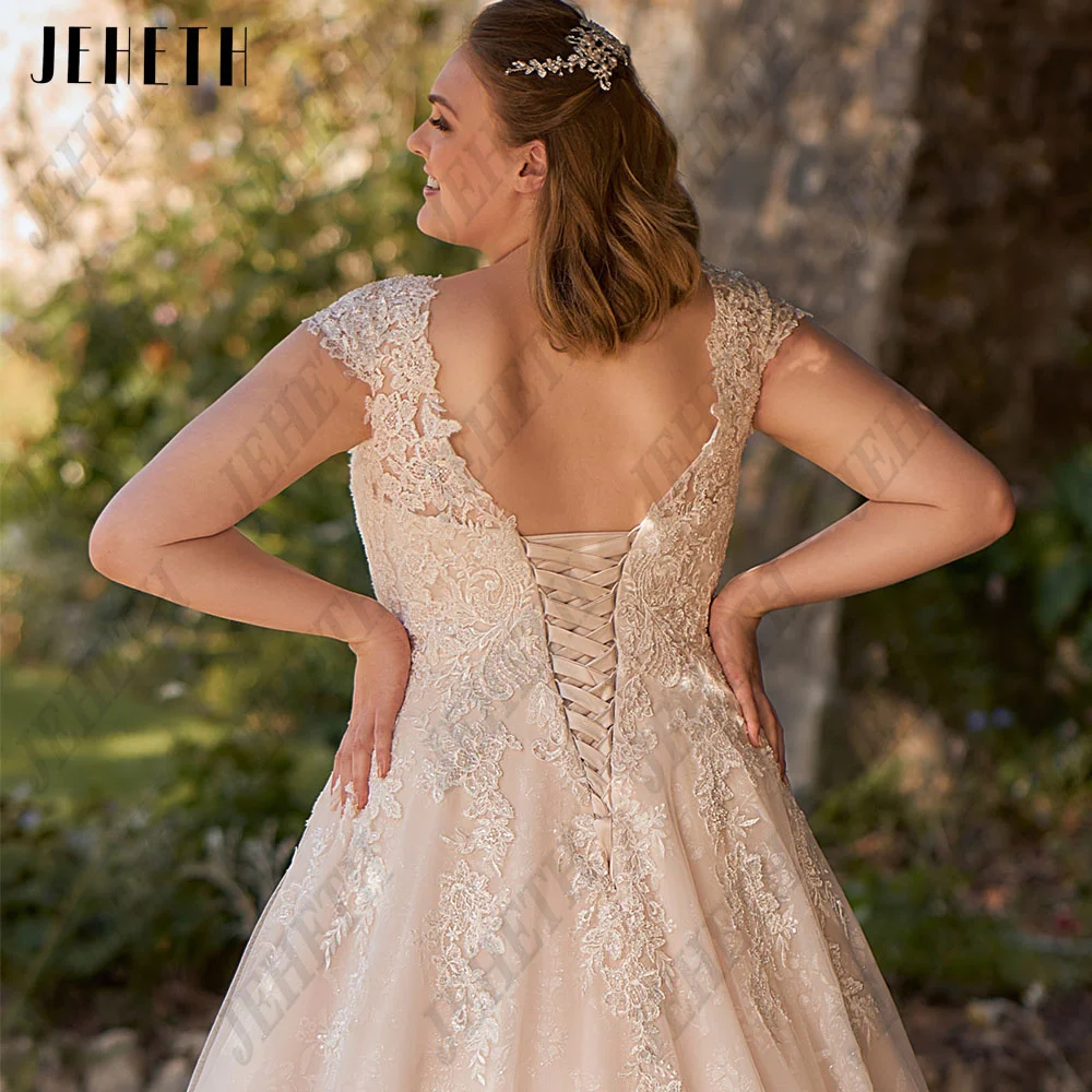 JEHETH Exquisite Wedding Dresses Plus Size For Woman V-Neck Short Sleeves Lace Up Bride Gowns Applique A-Line vestidos de novia