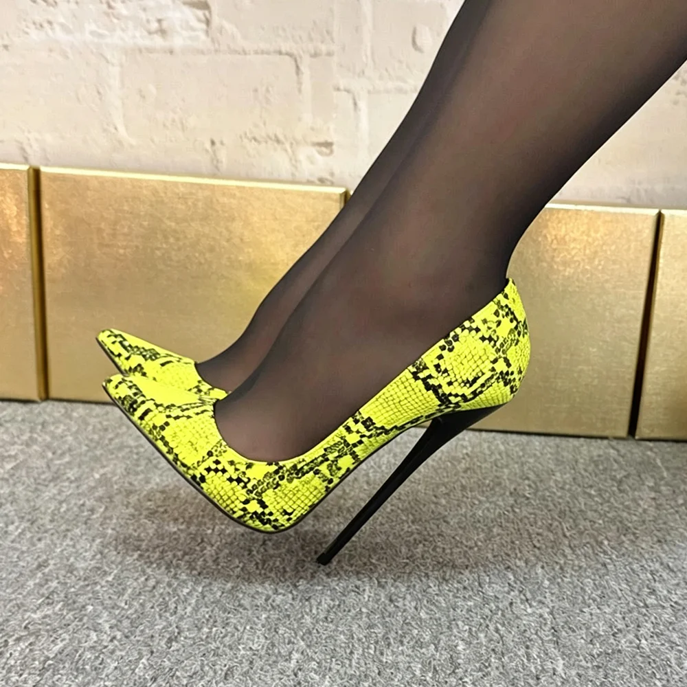 Women Sexy Yellow Snake Print Pointed Toe Pumps 14cm 16CM Ultra Stiletto High Heels For Runway Pole Dance Drag Queen Party Club