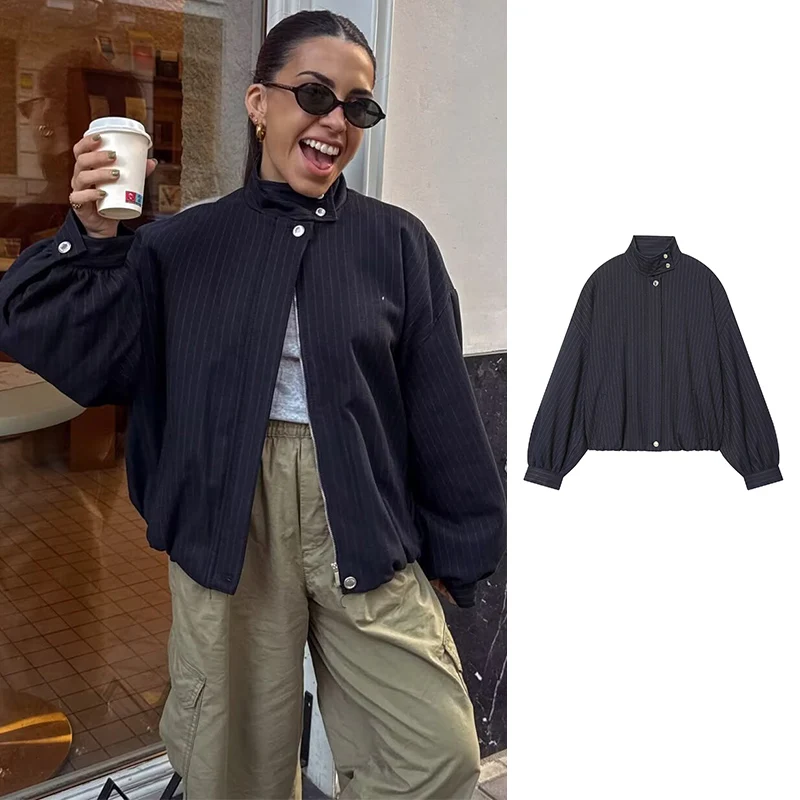 

2026 Women's New Spring Jackets & Coats Fashion Retro Stripe Loose Elegant Holiday Women's Jackets Unique Youth Long Sleeve Coat