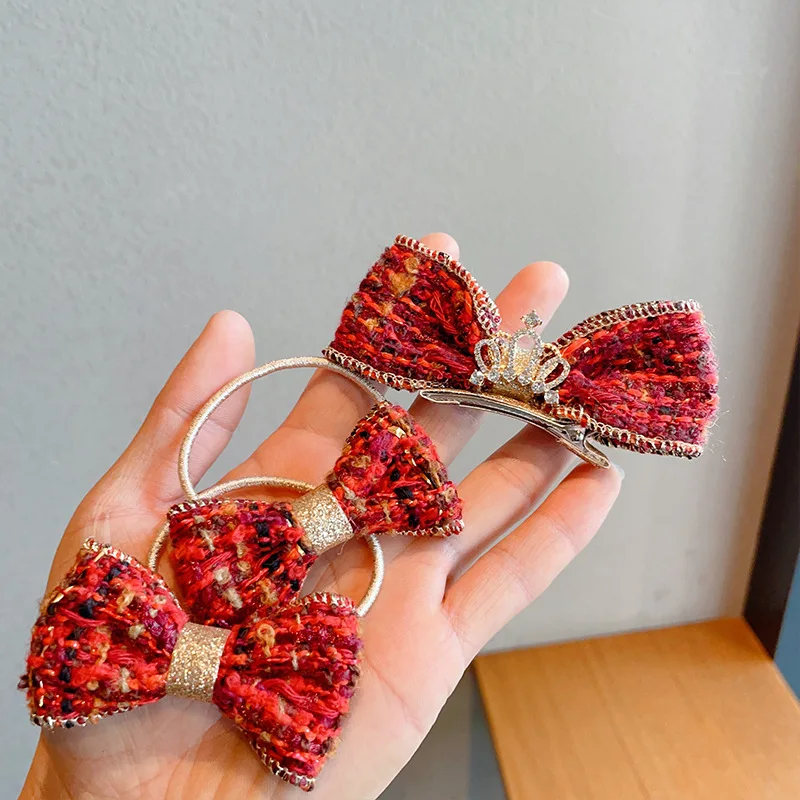 Hair Clips Hair Ties Classic Princess Crown Dimensional Bow Fabric Non Slip Comfortable Grip for Girls Kids Daily Party
