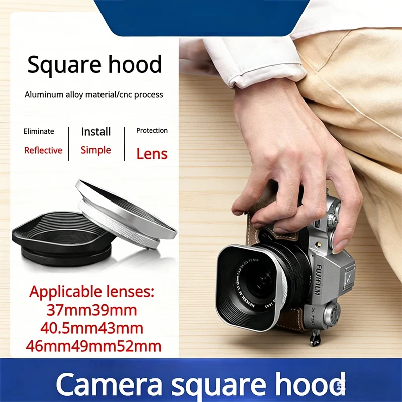 The Square Metal Lens Hood Is Compatible with Fuji Canon and Nikon Cameras Featuring a Metal Adapter Ring and Measuring 37-52mm