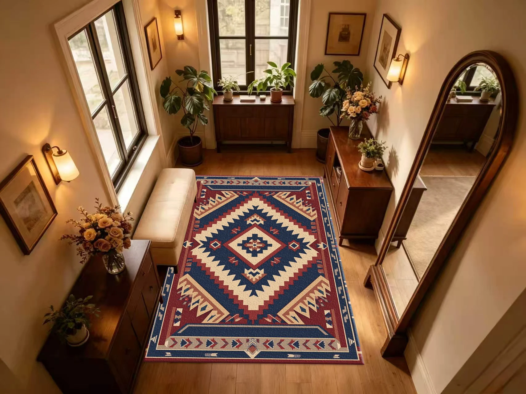 Southwestern Tribal Geometric Carpet Flooring Retro Printed Area Rug for Living Space Home Ornament