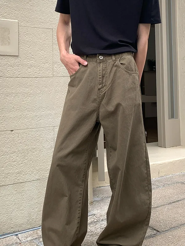 

Мужские джинсы в стиле ретро, коричневые, свободные, широкие, с высокой талией, выцветшие, повседневные, летние, прямого кроя