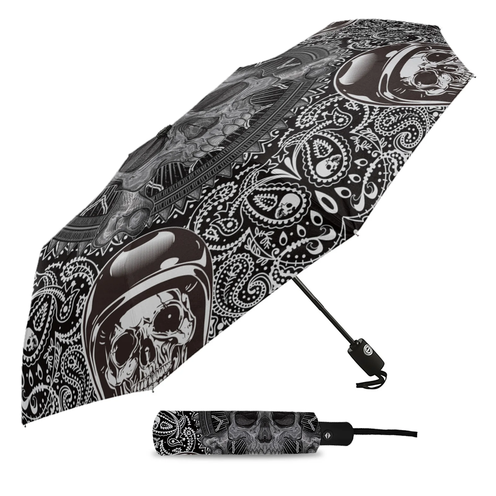 Skull Head Paisley Pattern Print Women Men Rain Umbrella Three Folding Girl Durable Portable Automatic Umbrellas Gift Parasol