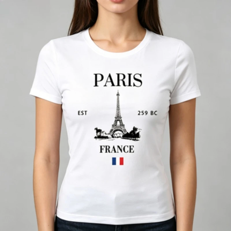 Paris Eiffel Tower Print T-shirt, Casual Crew Neck Short Sleeve Top For Spring & Summer, Women's Clothing