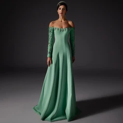 Green Jersey A-Line Evening Dress Long Sleeves Off the Shoulder Party Gowns Zipper Back Customized Beading Crystal Prom Dresses