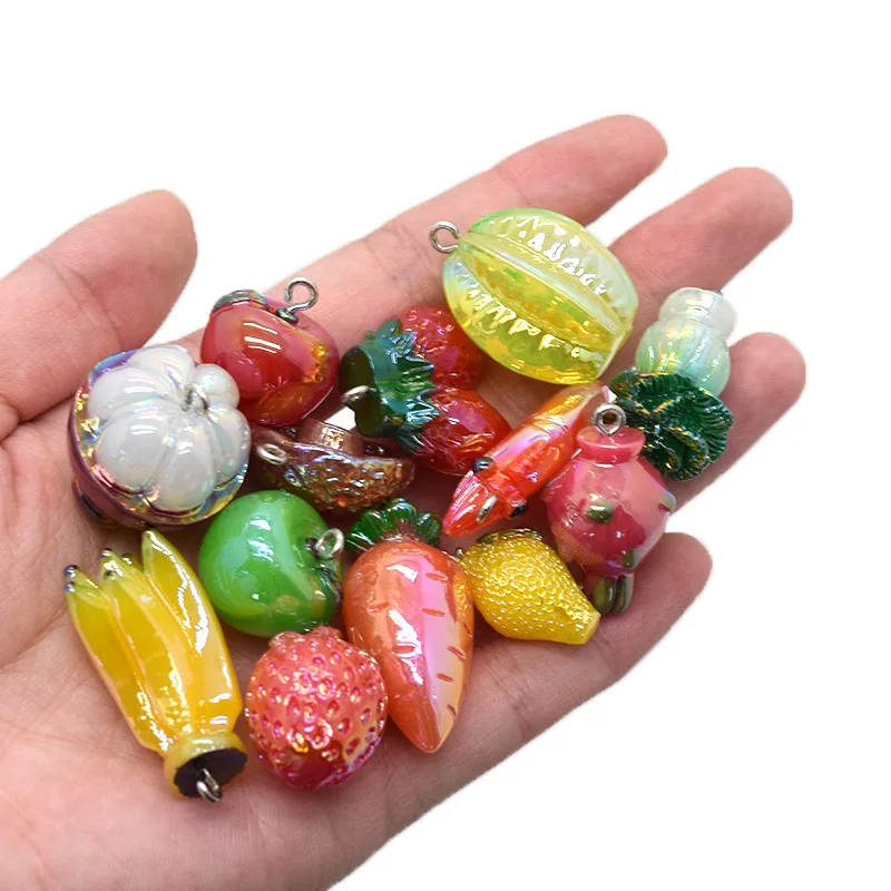 6pcs Big Laser Vegetables Fruits Resin Charms Lots Style Lemon Strawberry Cherry Apple Pendants For Earring Keychain DIY Jewelry