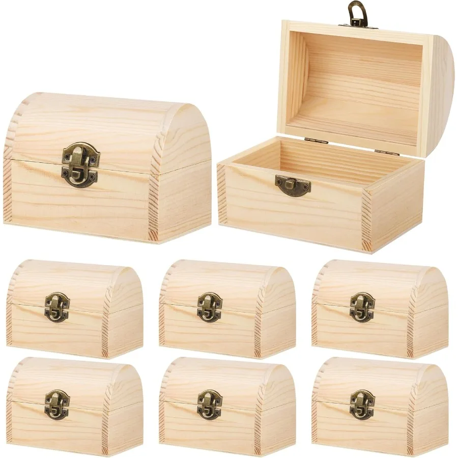 

8 Pieces Unfinished Wood Treasure Chest Drative Pine Wood Box with Hinged Lid and Locking Clasp Plain Drate Wooden Boxes for Ar
