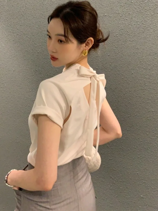 

Chic Summer round Ne Bal Hollow out Tied Knot Loose Cuffed ort Sve Women's T-irt Commute Sle Pure C...