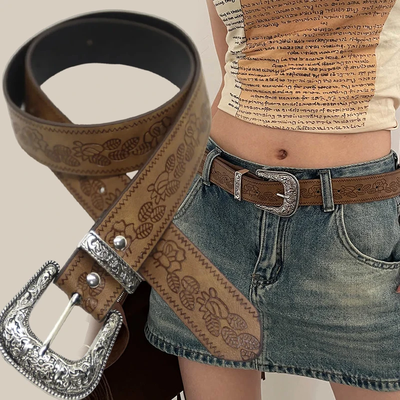 

2024 Retro Luxury Pattern Print Punk Belts Women Designer Brand Buckle Pin Waist Belt Female Pu Leather Hip Hop Trendy Waistband