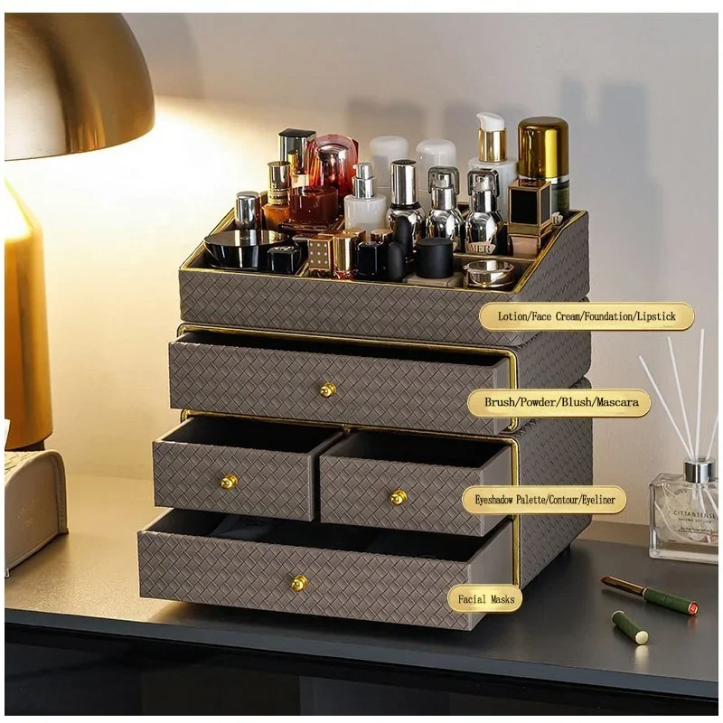

Factory Wholesale Leather Desktop Storage Organizer with Drawers Makeup & Cosmetic Cabinets Elegant Boxes Bins