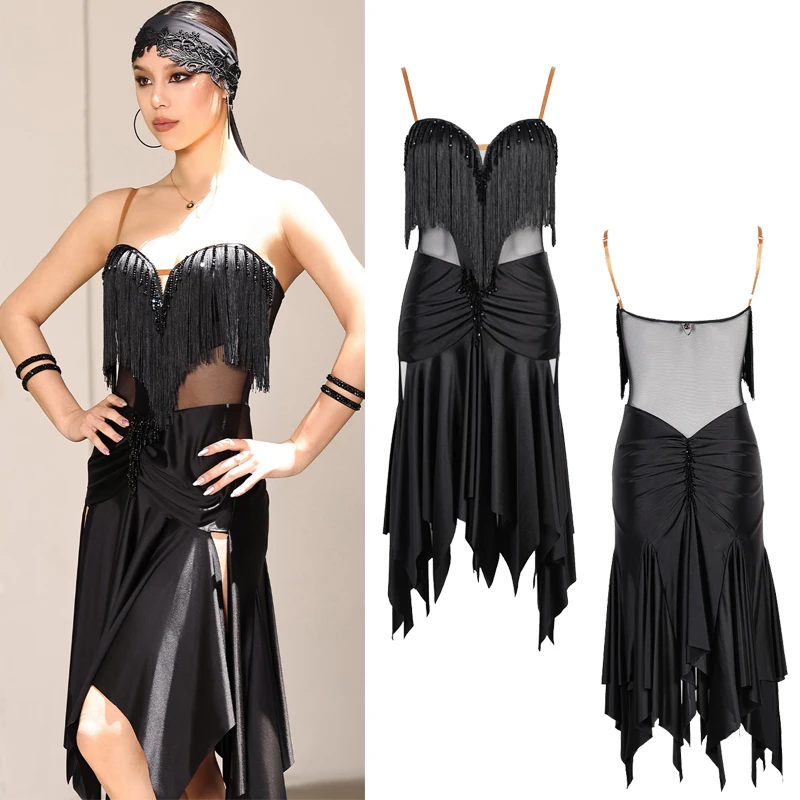2025 여성용 라틴 댄스 드레스 섹시한 백리스 프린지 드레스 성인 여성 차차 룸바 탱고 라틴 경연 대회 의류 DQS20455