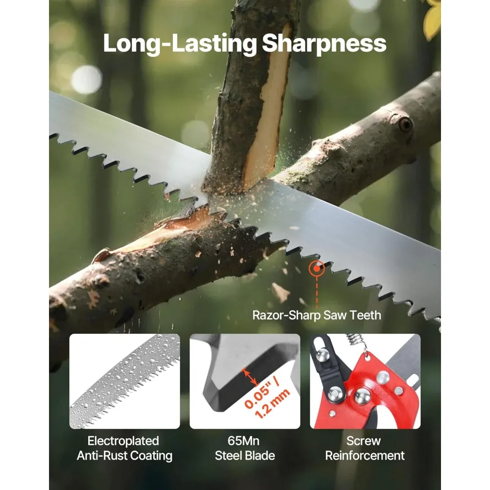 Sega a palo estensibile di VEVOR: potatrice per alberi da 3,87 a 27 piedi con azione a forbice e lama in acciaio da 65 ml, impugnatura leggera in fibra di vetro
