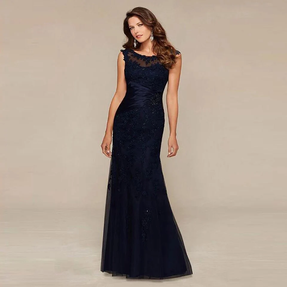 Preto azul mãe dos vestidos de noiva sereia rendas frisado sheer neck vestidos de festa de casamento 2021 mãe vestidos de noite sem mangas