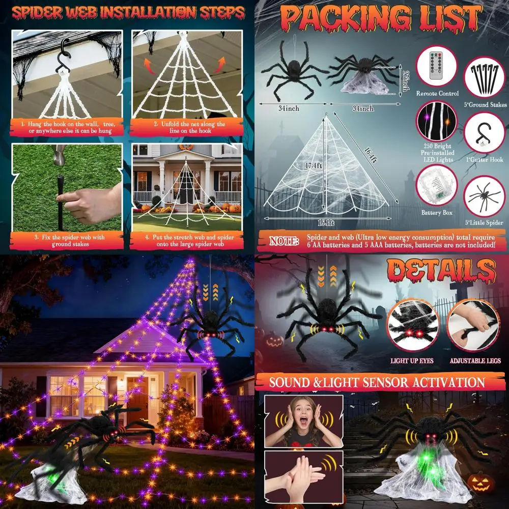 

Animated Jumping Spiders Outdoor Halloween Decorations with Light-up Spider Web and 8 Animatronics for Yard, Garden Party Hangin