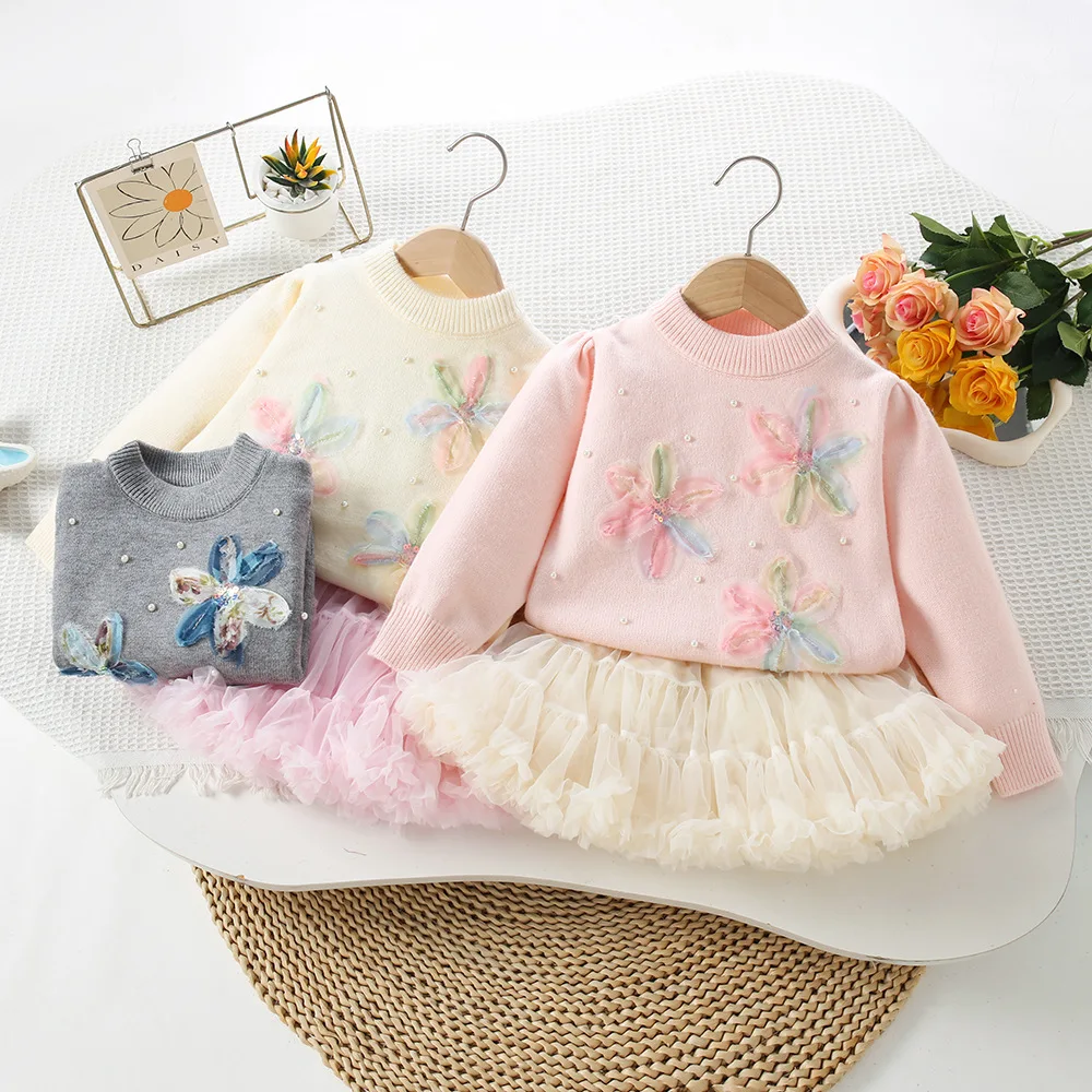 Girls' Sweater Half Skirt Set 2026 New Girl Baby Sequin Flower Knitted Pullover Korean Girls Mesh Dance Puff Skirts