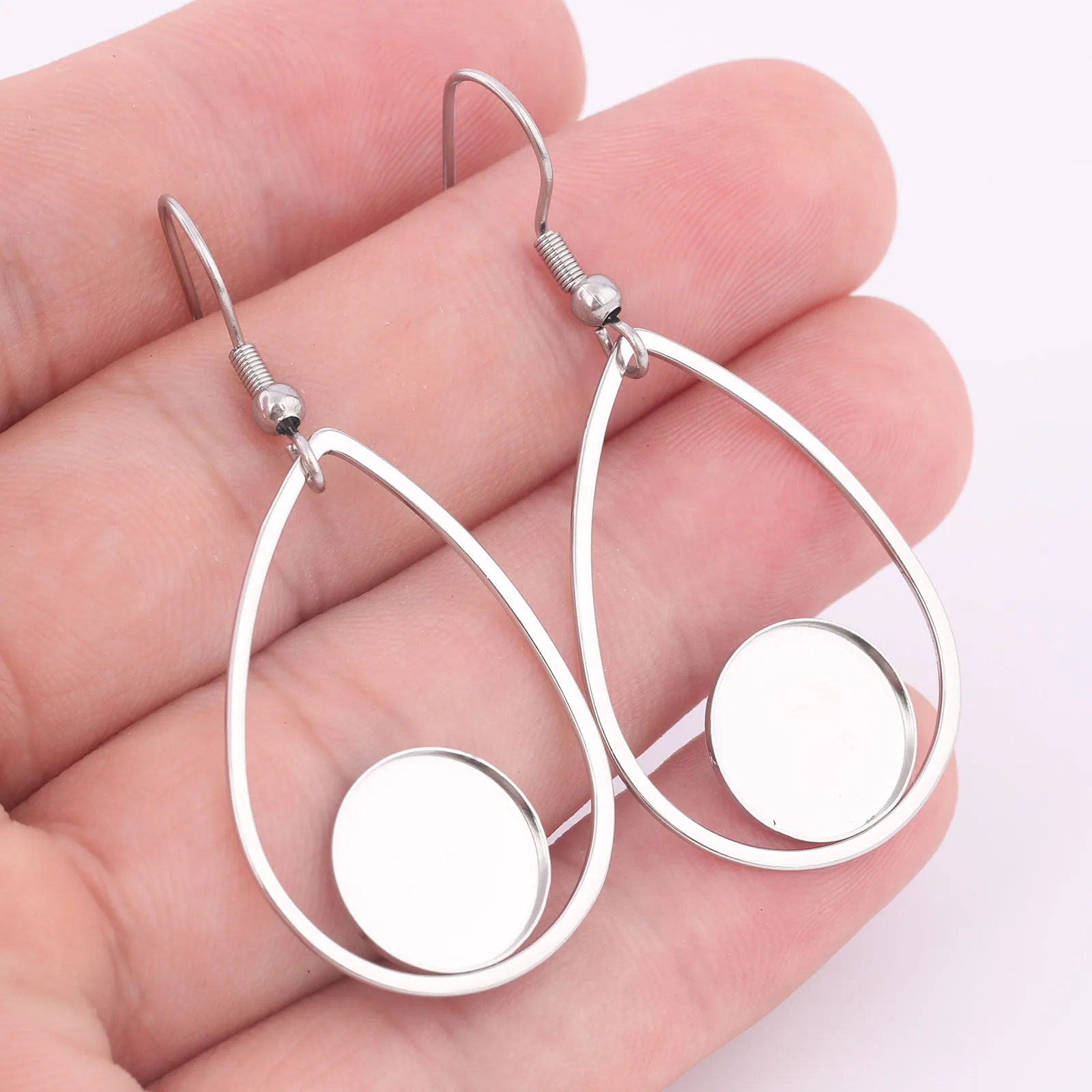 10pcs Stainless Steel Teardrop Hoop Earring Base Blanks Fit 12mm Cabochon Earrings Bezel Setting Trays Diy Hooks Findings