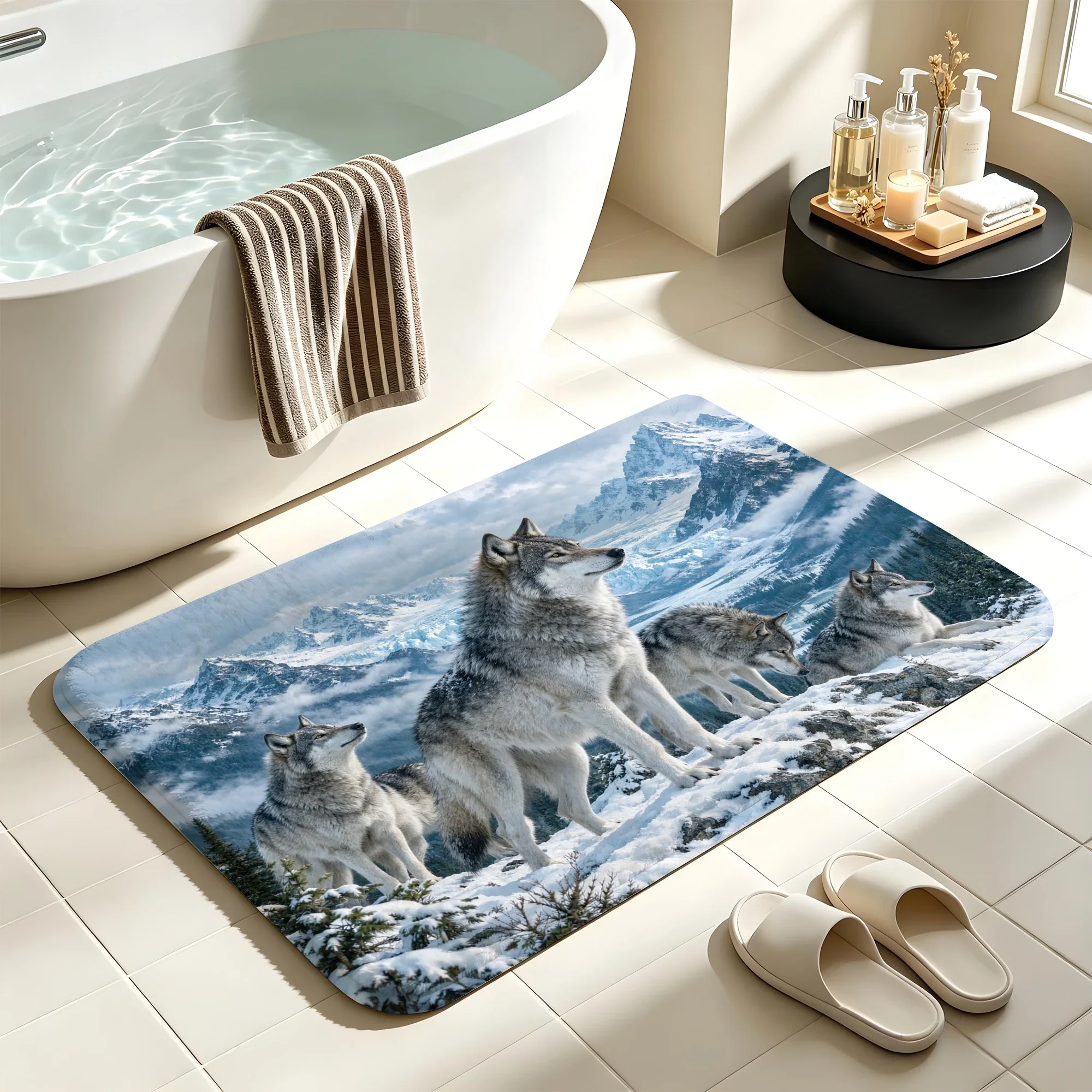 Bath mat anti slip absorbent bathroom carpet bathtub shower soft floor carpet Snow wolf pack