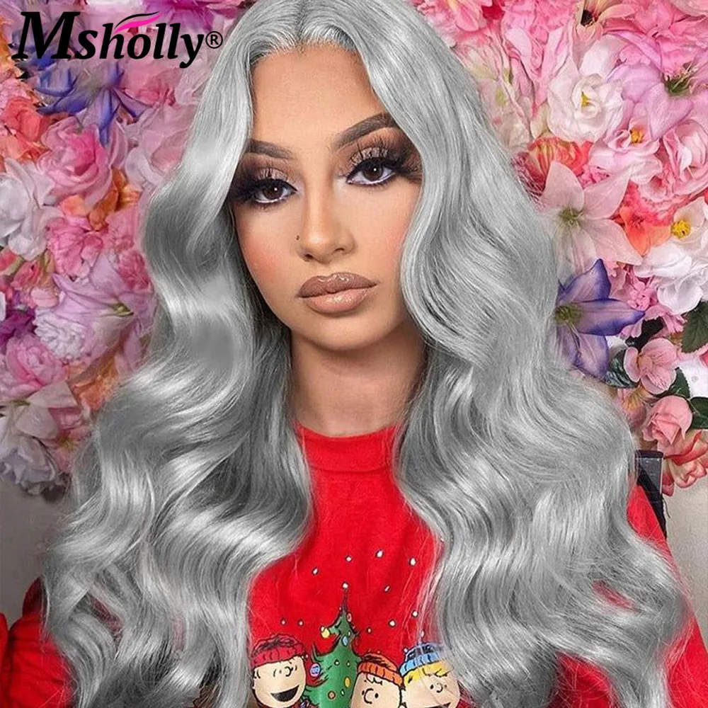 Sliver Grey Color Body Wave Human Hair 13x4 Lace Frontal Wigs Brazilian Human Hair Pre-plucked Transparent Wigs For Women