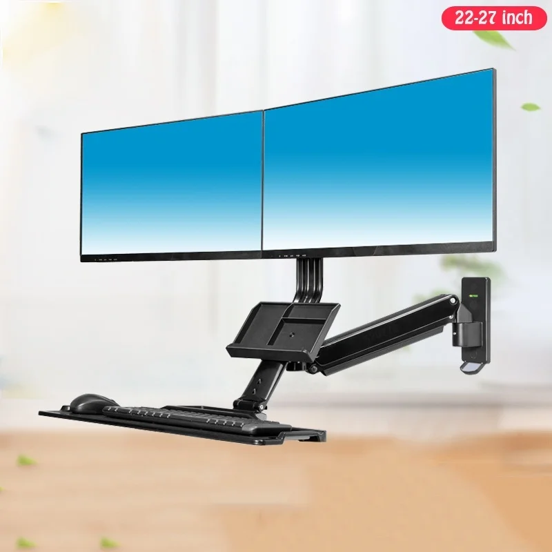 NB MC27-2A Ergonominc Sit Stand Workstation Wall Mount 22-27 Inch Dual Monitor Holder Arm with Foldable Keyboard Plate