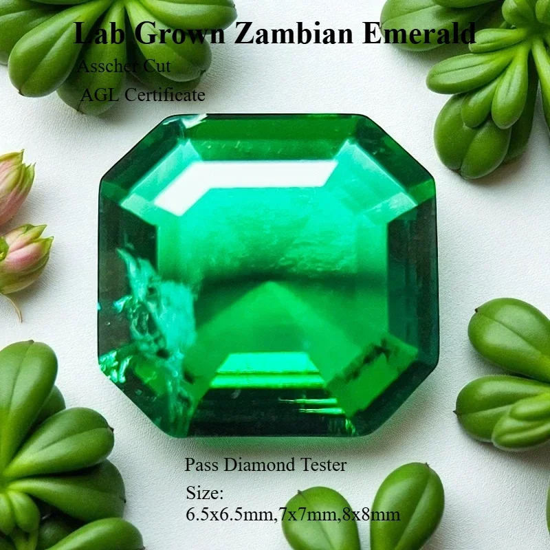 Lab Grown Zambian Emerald- Hydrothermal, Hand-Cut, Asscher Cut, with Cracks Inclusions,With  AGL Certificate For Jewelry