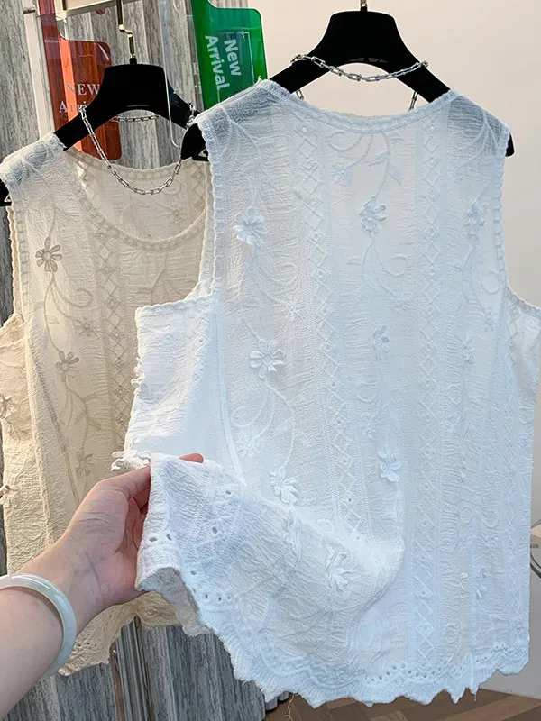 

Лето 2023, женский хлопковый жилет с вышивкой, внутренняя одежда, базовый утюг, большой размер, прямая трубка, круглый воротник, тонкая модель