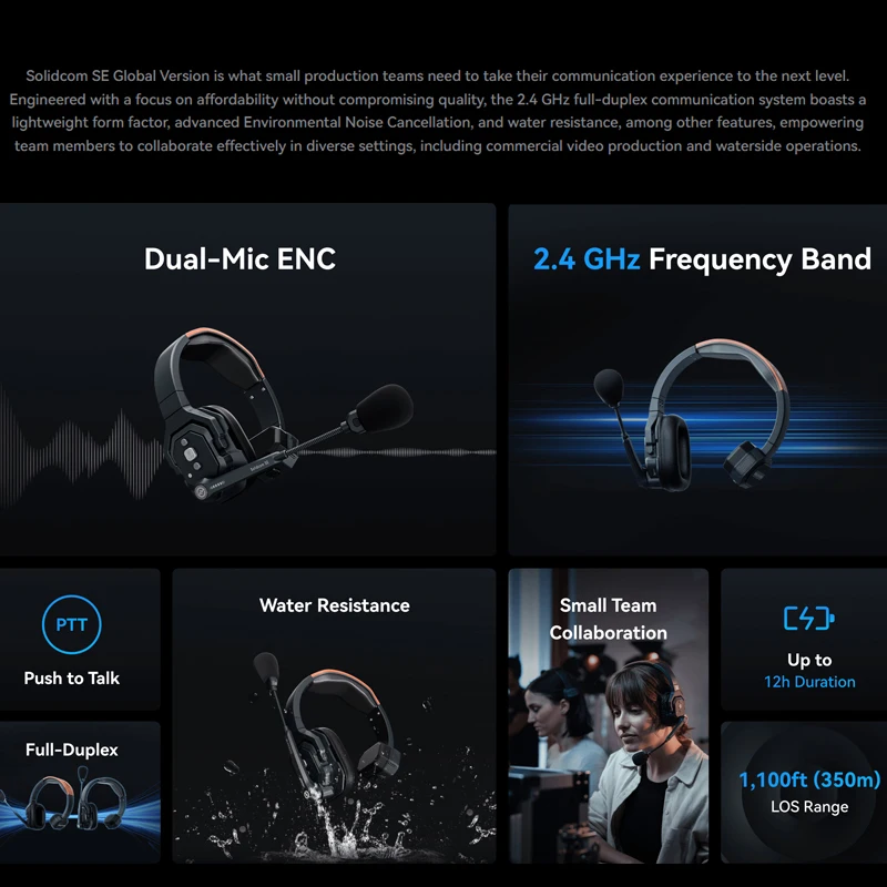 Hollyland Solidcom Se Pro الإصدار العالمي سماعة رأس لاسلكية عن بعد سلس فريق الحديث 2.4 جيجا هرتز إلغاء الضوضاء مقاومة الماء