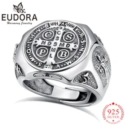 Eudora 925 Sterling Silver Saint Benedict Adjustable Ring San Benito Vintage Cross Amulet Ring Religious Jewelry Gift for Men
