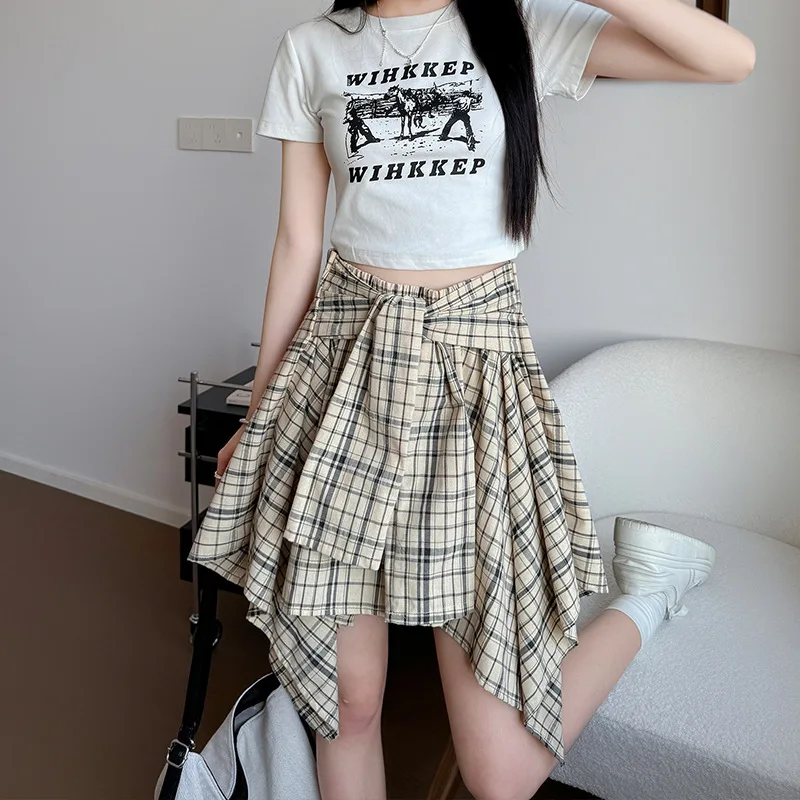Plaid Irregular Skirts Women Korean Mini High Waist Thin A-line Skirt with Inner Lining Fashion Lace Casual Plaid Pleated Skirt