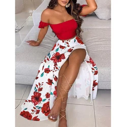 Women 2022 Fashion Bohemian Floral Print Short Sleeve Strapless Two Piece Ladies Split Vintage Summer Casual Long Dresses