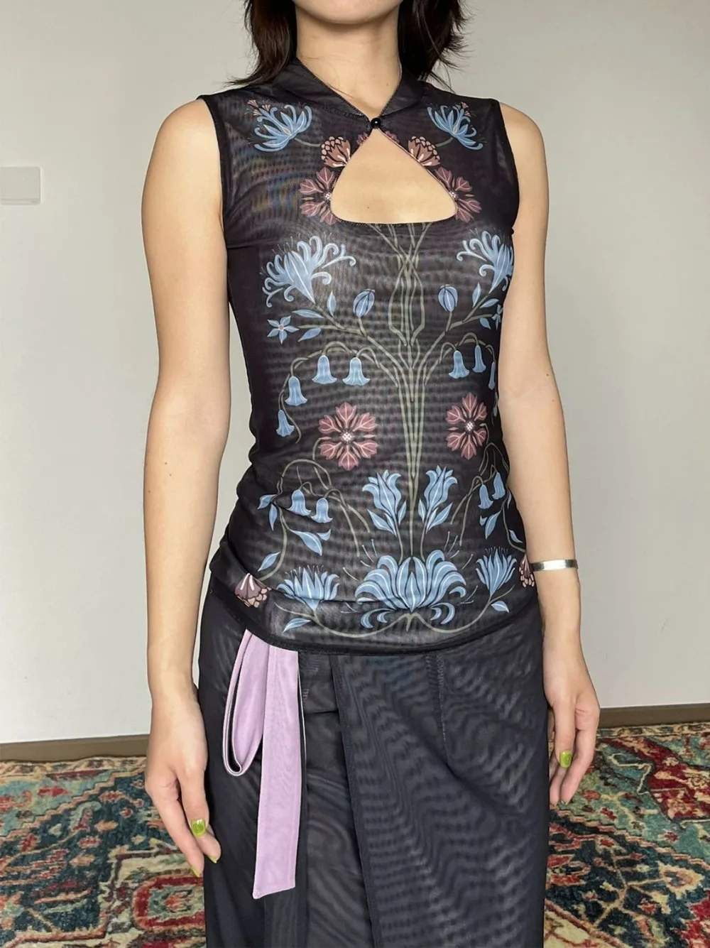 Yin Yang Qipao Set Reversible Floral Sheer Slip Black Qipao Two Piece Outfit Modern Dynasty Evening Wear Dualistic Harmony Aesth