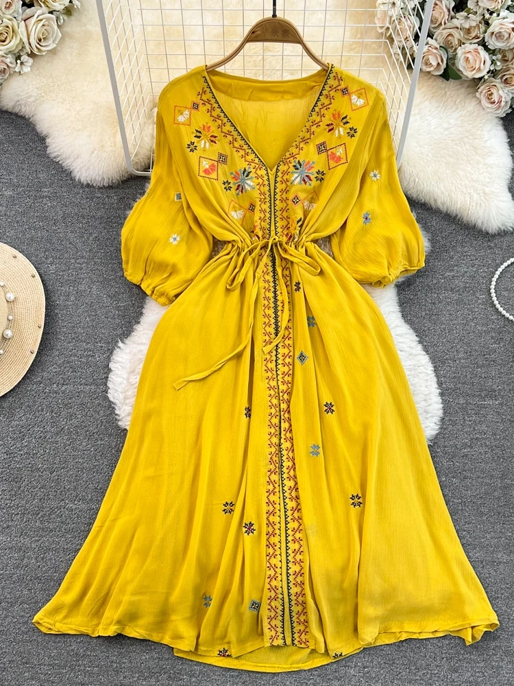 n Ethnische Stickerei A-Linie Dr V-Ne Taillenmieder Slim Fit Five-Viertel Sve Beach Vaion Beachwear Rock