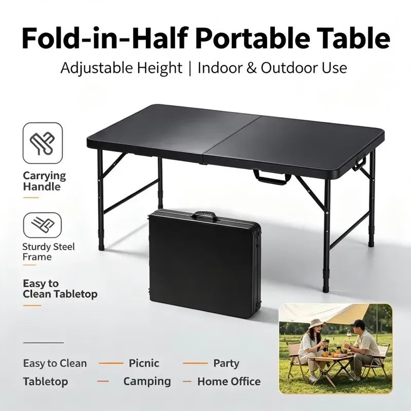 STLF M Portable foldable plastic folding table, height adjustable, heavy duty, foldable in half, with handle, suitable for