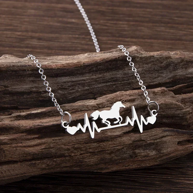 Stainless Steel Horse Heartbeat ECG Necklace Heart In A Gallop Animal Necklace