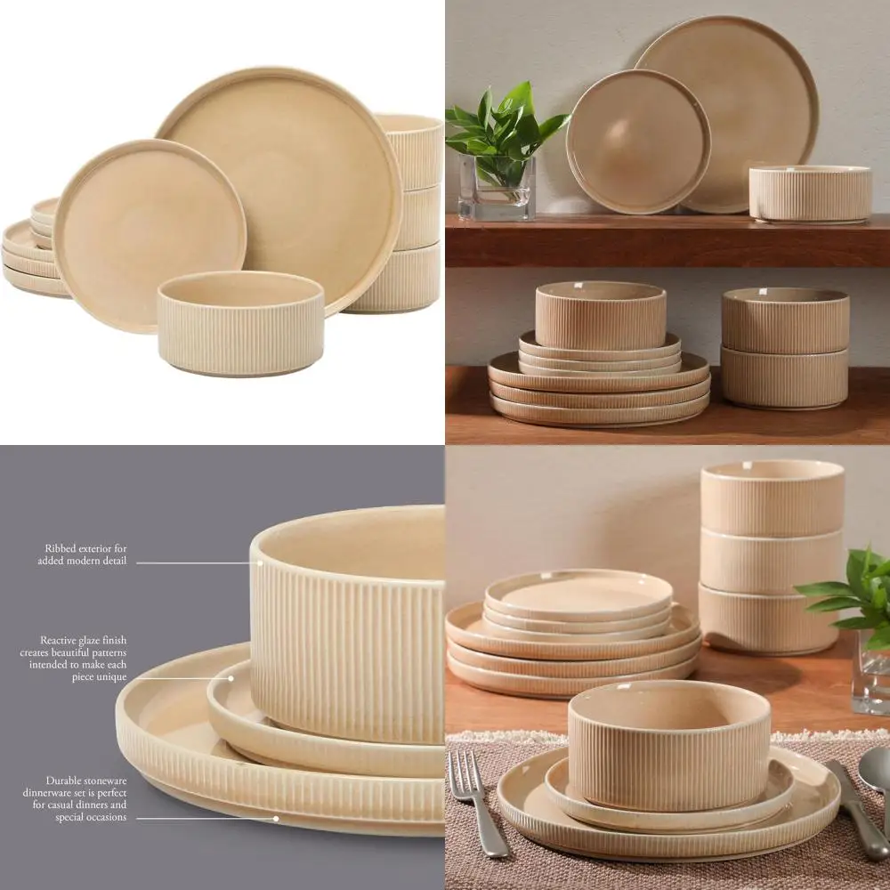 

12-Piece Reactive Glaze Stoneware Dinnerware Set, Service for 4, Modern Embossed Plates and Bowls, Terracotta Orange