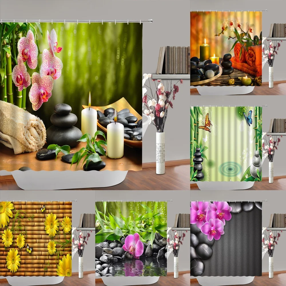 

Zen Shower Curtains Green Bamboo Purple Flower Stone Reflection Landscape Spa Garden Bathroom Accessories Cloth Curtain Set Home