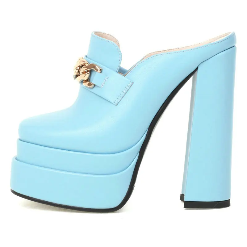 Closed Toe Sky Light Blue Womans Shoes Summer Slippers With Metal Chain Rectangle Block High Heels Mules Slides Platform Sandals